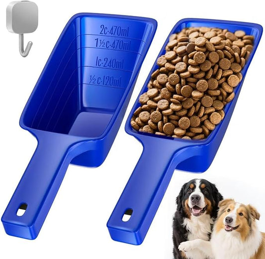 Food Scoop 2 PACK,2 Cup Capacity Dog Food Scoop With Measuring Lines For Dog, Puppy and Cat Coffee Bean Scoop, Flour Scoop (Large Blue)