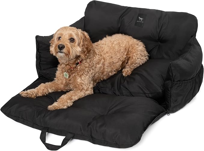 JACKO & CO Premium Medium Dog Car Seat – Safe & Cozy Travel Bed for Small & Med Dogs, Puppies & Pets 25–40 lbs, Clip-On Leash, Storage Pockets, Water-Resistant, Machine Washable (Black, Medium)