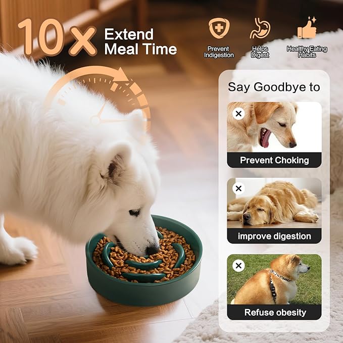 6'' Ceramic Slow Feeder Dog Bowls - Petal Shape Modern Dog Food Dish for Cats and Small Breed Dogs, Puzzle Maze Bowl to Slow Down Eating, Anti-Gulping, Dishwasher & Microwave Safe, Green