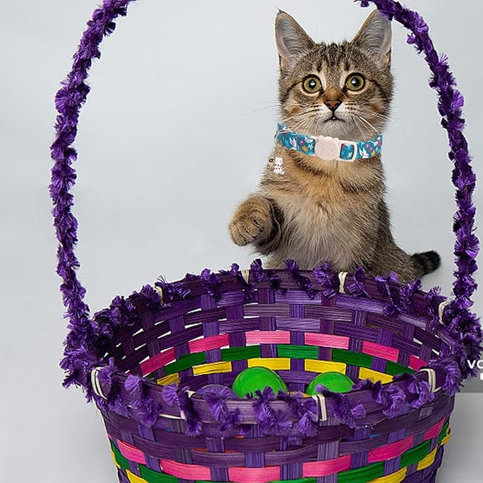 Elegant little tail Easter 2 Pack Cat Collar-Bunny Print Cotton Breakaway Cat Collars with Bell Pendant Kitten Safety Adjustable Collar for Small Cats Puppy