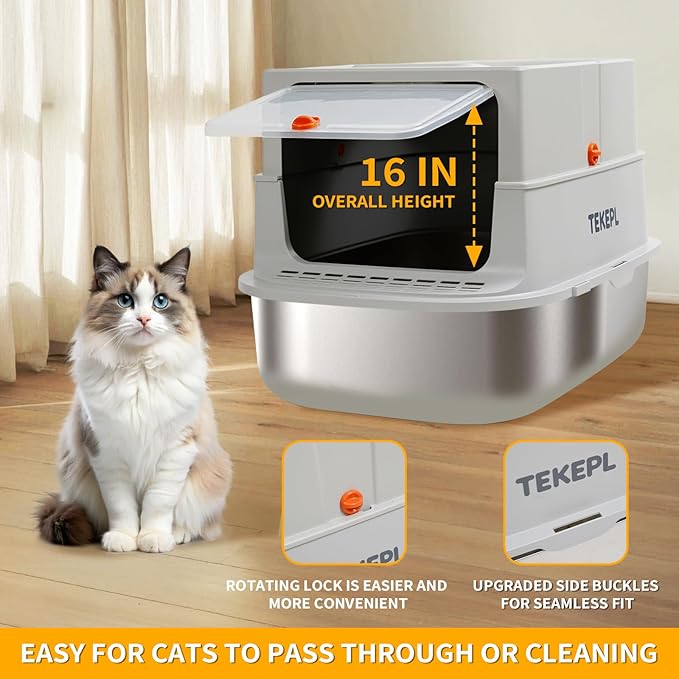 Stainless Steel Cat Litter Box with Lid, Extra Large Cat Litter Box for Large Cat, Metal Litter Pan with High Sided Enclosed and Scoop, Front & Top Entry, Anti-Leakage, Easy to Clean, Grey