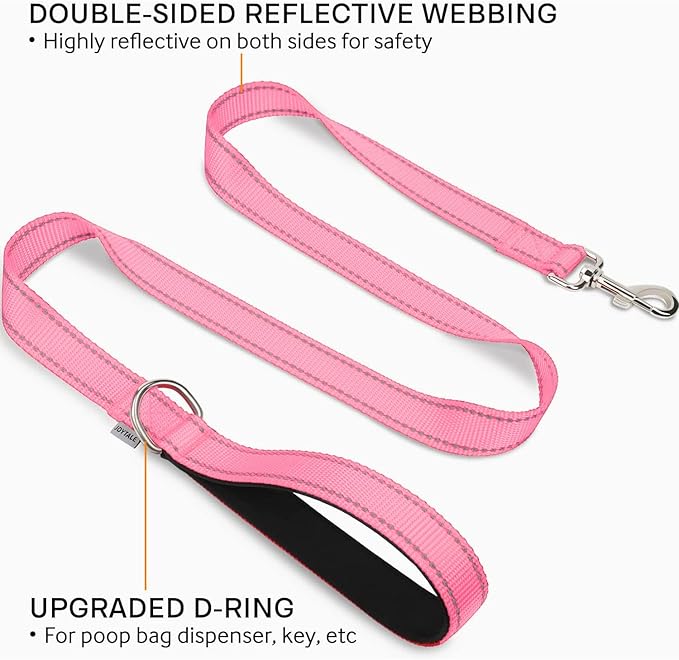 Joytale Double-Sided Reflective Dog Leash, 6 FT/5 FT/4 FT, Padded Handle Nylon Heavy Duty Leashes for Medium & Large Dogs Walking, Pink, 5FT