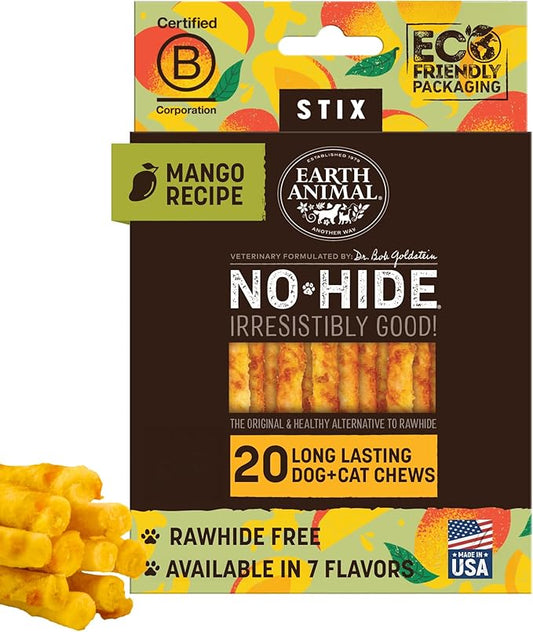 Earth Animal No-Hide Stix Mango Vegetarian Vegetarian Recipe Natural Rawhide Alternative Dog & Cat Chews - 20 Count Value Pack