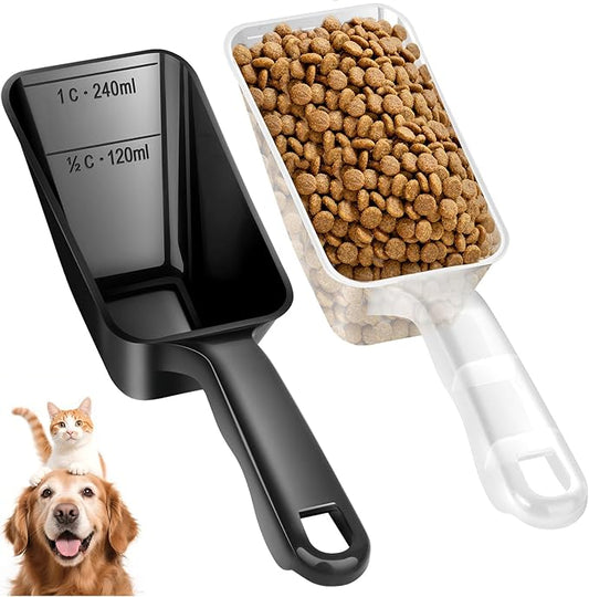 2-Pack Dog Food Scoop 1 Cup, Plastic Pet Food Measuring Scoop With Measuring Lines (1/2 & 1 Cup Markings) for Dogs, Cats, Fish, Bird（Black and Transparent（Black