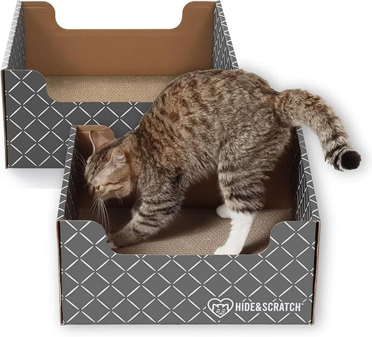 HIDE & SCRATCH Cardboard Cat Scratcher; Cat Scratcher Box and Bed with Refillable Double-Sided Cardboard Scratch Pad for Indoor Cats (2 Cat Pack)