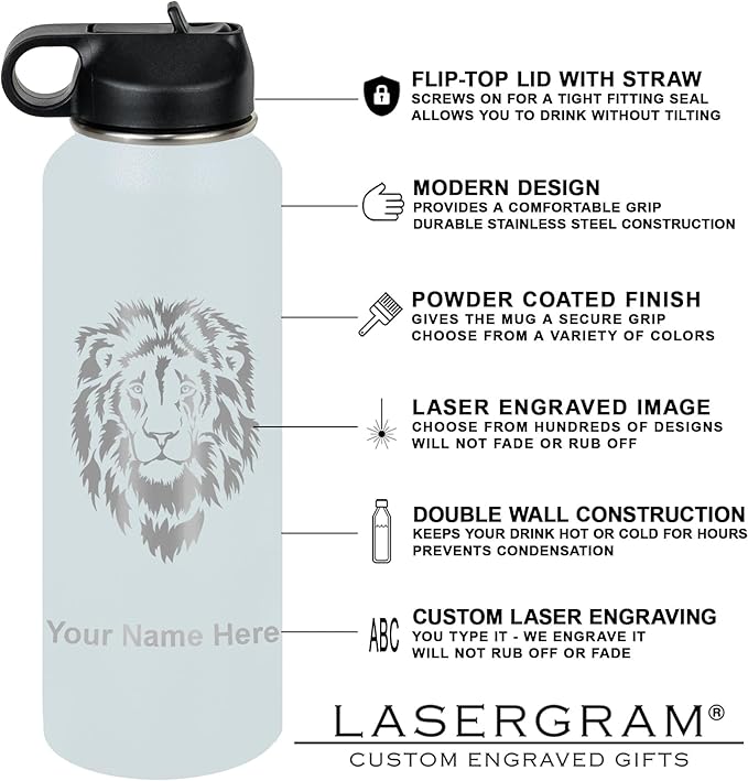 LaserGram Personalized Water Bottle, Cat with Butterfly, Stainless Steel Double Wall Vacuum Insulated with Flip Top Straw, Custom Engraved Gift (40oz / 1180ml Light Blue)