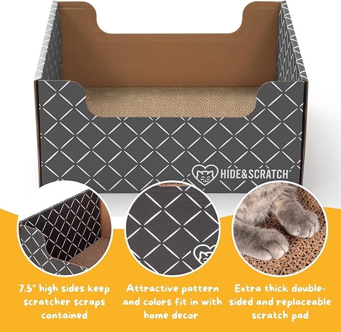 HIDE & SCRATCH Cardboard Cat Scratcher; Cat Scratcher Box and Bed with Refillable Double-Sided Cardboard Scratch Pad for Indoor Cats (2 Cat Pack)