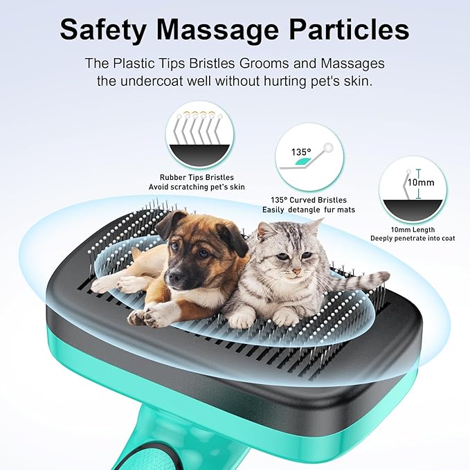 Self Cleaning Slicker Brush for Dogs and Cats - Skin Friendly Shedding & Grooming Tool for Long and Short Haired Pets,Easy Clean Retractable Bristles,Green