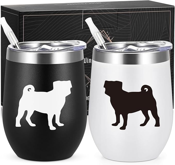 Lifecapido Pug Gifts for Pug Lovers, Pugs Silhouette 12oz Stainless Steel Wine Tumbler Set of 2, Birthday Christmas Gifts for Dog Lovers Dogs Parents Dogs Mom Dad, Black and White