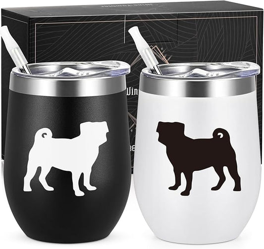 Lifecapido Pug Gifts for Pug Lovers, Pugs Silhouette 12oz Stainless Steel Wine Tumbler Set of 2, Birthday Christmas Gifts for Dog Lovers Dogs Parents Dogs Mom Dad, Black and White