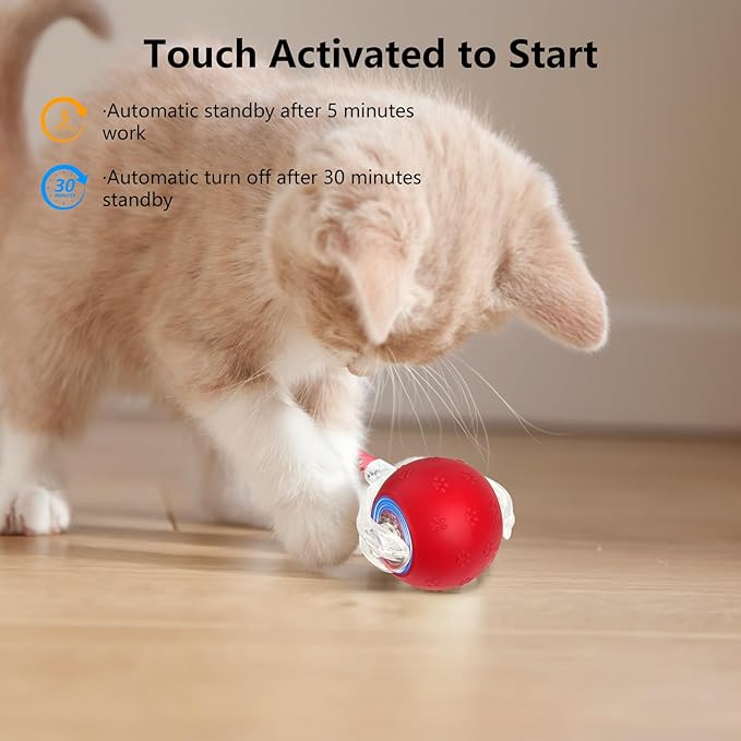 Interactive Cat Toys for Indoor Cats, Automatic Cat Ball Toy with Mesh Elastic Tail, Moving Kitten Toys for Bored Indoor Adult Cats, Chirping & Motion Activated