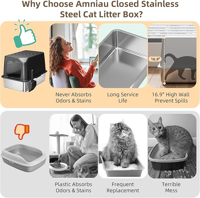 Stainless Steel Cat Litter Box with Lid, Extra Large, Great for Large & Small Cats, Easy to Clean, Anti-Leakage, Non-Sticky, Multifunctional 2 in-1 Metal Cat Litter Box - Black