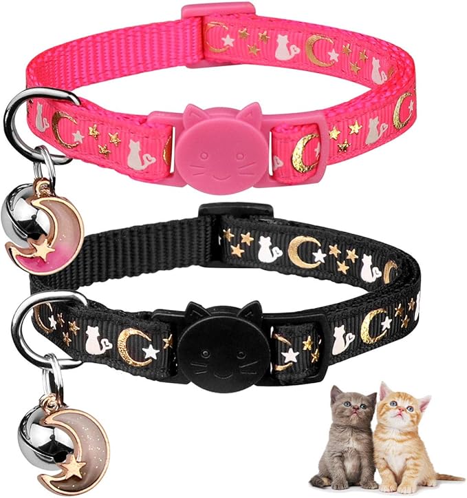 2PCS Breakaway Cat Collars with Bell Cute Kitty Glow in The Dark Adjustable Kitten Collars 7.9-13.0 Inch(Black&Pink)