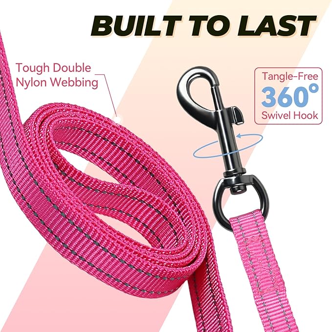 VIVAGLORY Twingrip Dog Leash, Double Handle Dog Leash for Training & Walking with Traffic Handle & 2 Loop, Traffic Control Reflective Heavy Duty for Puppy Pet, 6ft x 1/2in, Pink