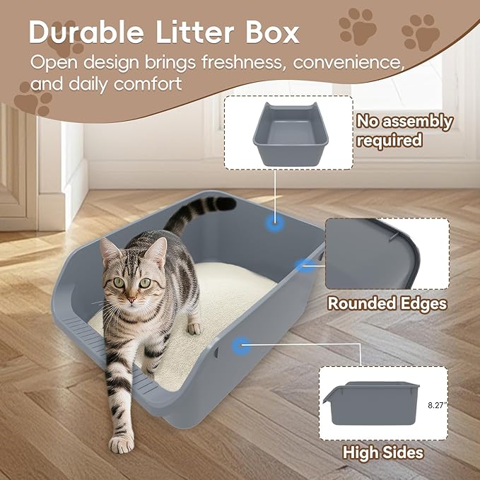 Large Cat Litter Box with High Sides,Durable Open Top Cat Litter Pan for Kitty,Plastic Indoor Big Cat Box with High Wall,Senior Cat Toilet with Low Entry,Easy to Clean,Anti-Splashing(Grey)