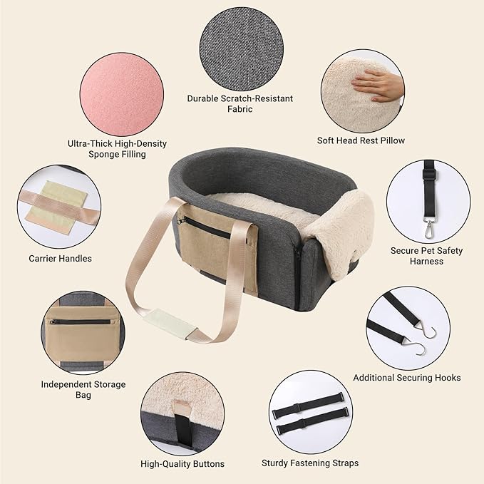 Console Dog Car Seat Cat Carrier - Pet Car Booster Seat on Cars' Armrest Travel Bags for Cats Dogs with Easy Carrying Strap Dog Travel Carrier with Safety Tethers