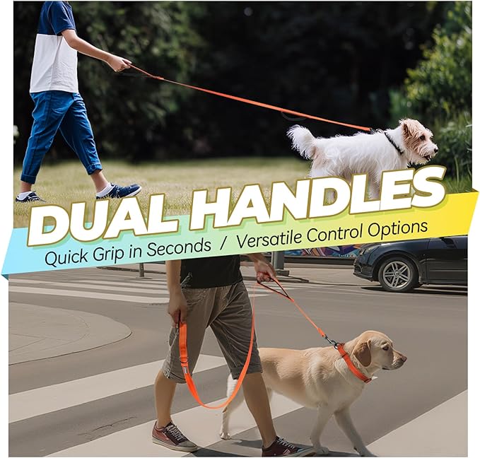 VIVAGLORY Twingrip Dog Leash, Double Handle Dog Leash for Training & Walking with Traffic Handle & 2 Loop, Traffic Control Reflective Heavy Duty for Puppy Pet, 6ft x 1/2in, Orange