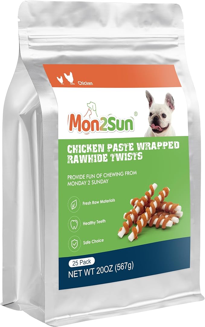 MON2SUN Dog Treats, 5 Inch Chicken Wrapped Rawhide Sticks, Rawhide Twist for Small Dogs, Promotes Dental Health Chew, 20oz (25 Count-Pack of 1)