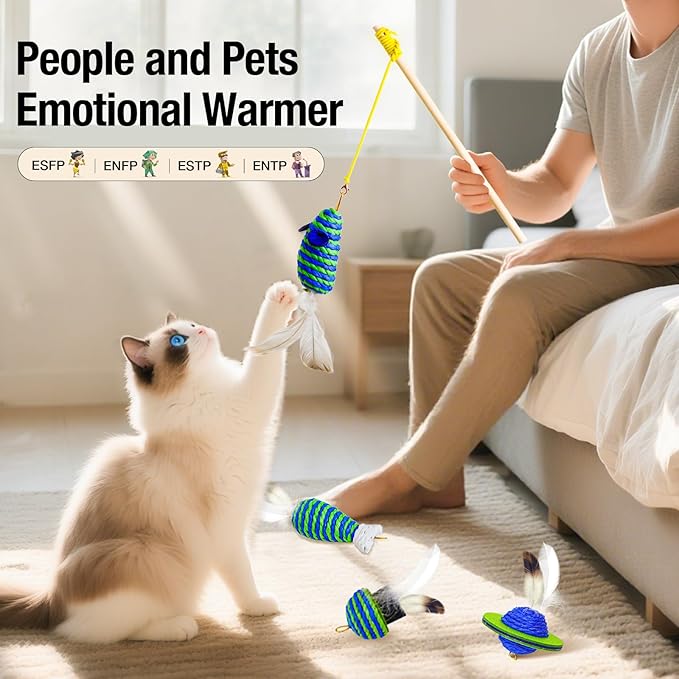 UTEE Cat Toy Set – Interactive Feather Toys, Jingle Balls & Teaser Wand, Eco-Friendly Paper Rope, Stimulating Indoor Cat Toy Pack for Exercise & Bonding (Green & Blue)