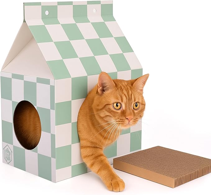 Cardboard Cat House with Scratch Pad – Durable Eco-Friendly Hideaway, Easy Assembly, Stylish Matcha Checkered Design, Indoor Cat Furniture