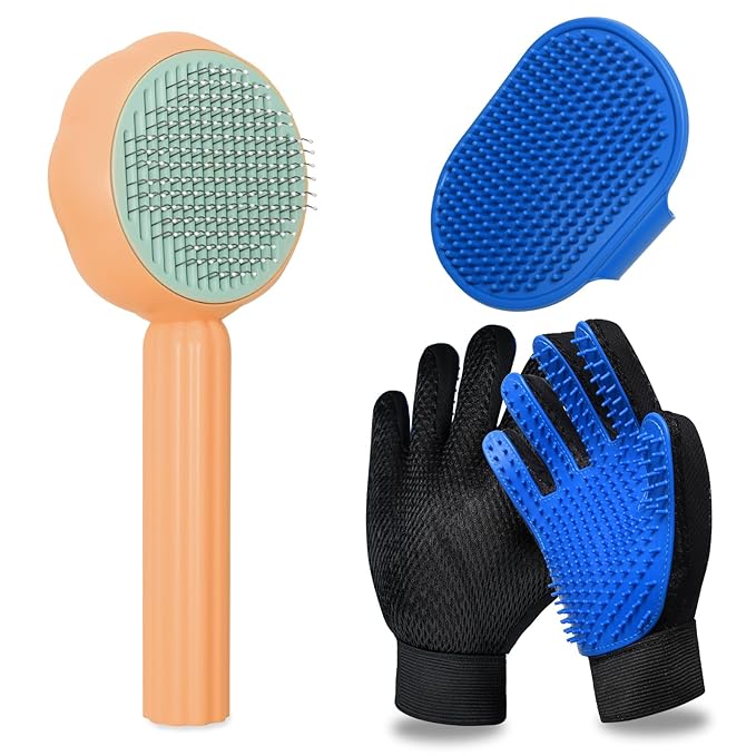 GJEASE Cat Grooming Glove Brush,Self-Cleaning Slicker Pet Brush for Short and Long Haired Pets,Dog Bath Brush for Shedding and Grooming,Removes Loose Hair and Tangles,Promote Circulation