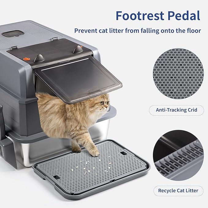 Extra Large Stainless Steel Litter Box with Lid, 28" L x 20" W x 17" H XXXL Enclosed Metal Cat Litter Box with Litter Scoop & Foot Pedal, Odor Control,Easy Cleaning Cats (Dark Grey)