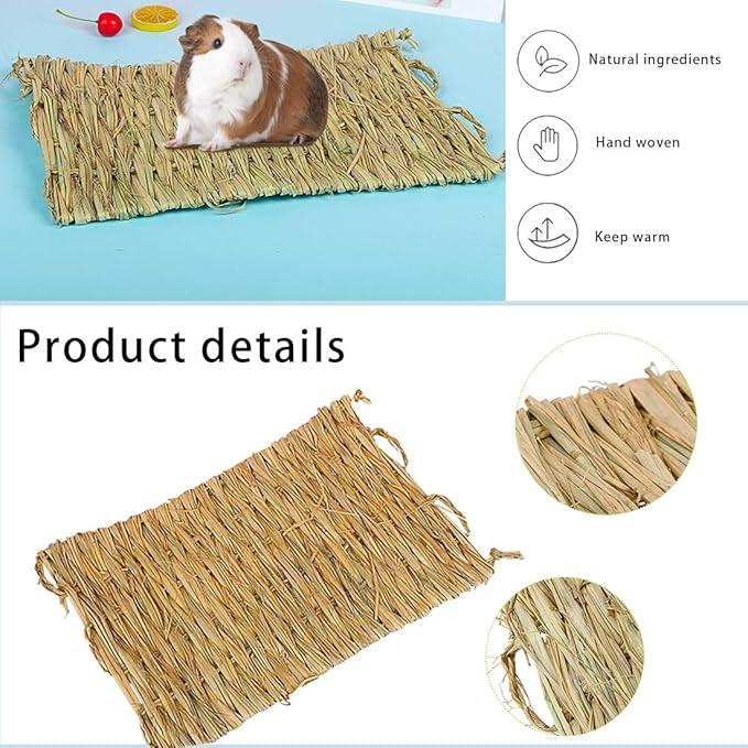 PINVNBY Natural Grass Mat for Rabbits,2 Pack Rabbit Hay Mats,100% Handwoven Hay Chewable Bedding & Cooling Mat for Bunny Guinea Pigs Hamsters Chinchillas - Eco-Friendly Cage Liner,Nesting Toy