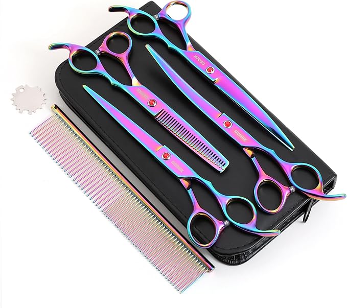 7.0in Titanium Rainbow Professional Pet Grooming Scissors Set, GEMEK 6 in 1 Straight & Thinning & Upwards Curved & Downwards Curved Scissors & Comb for Dogs, Cats (Rainbow)