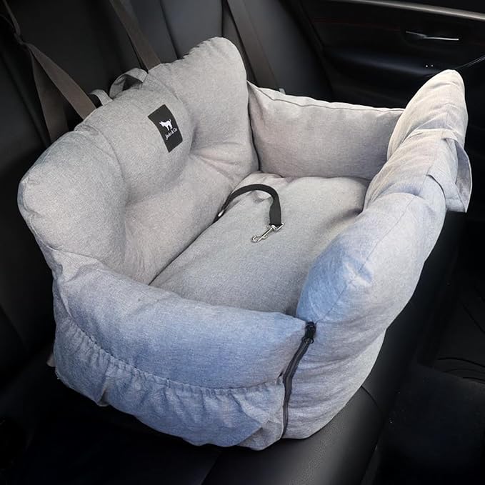 JACKO & CO Premium Medium Dog Car Seat – Safe & Cozy Travel Bed for Small & Med Dogs, Puppies & Pets 25–40 lbs, Clip-On Leash, Storage Pockets, Water-Resistant, Machine Washable (Grey, Medium)