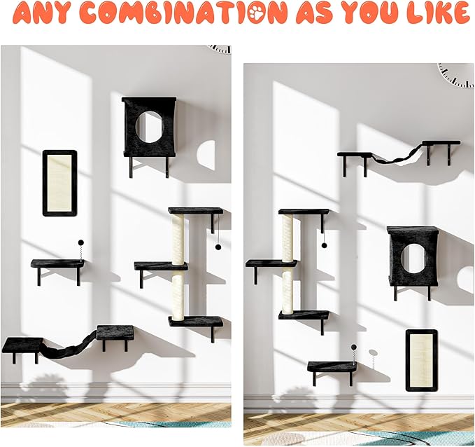 10-in-1 Cat Wall Shelves, Wall Mounted Cat Climber Set with Kitten House, Bridge, Steps, Scratcher, DIY Playground for Indoor Kitten Furniture Set, Black