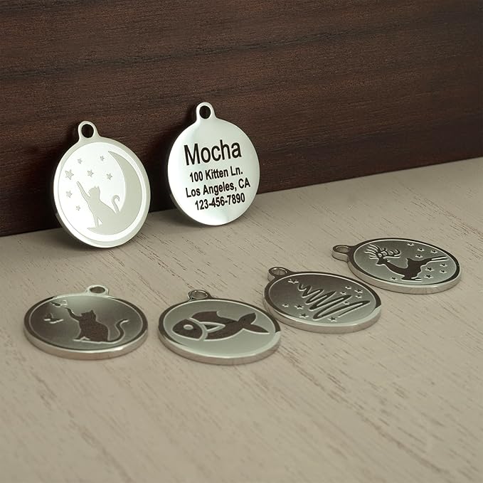 Ultra Joys Engraved Cat Name Tags Personalized - Stainless Steel Name Tag Pet Identification - Small Dog ID Tags Personalized for up to 4 Lines of Text Pet ID Tags for Cat Collar - Christmas Tree