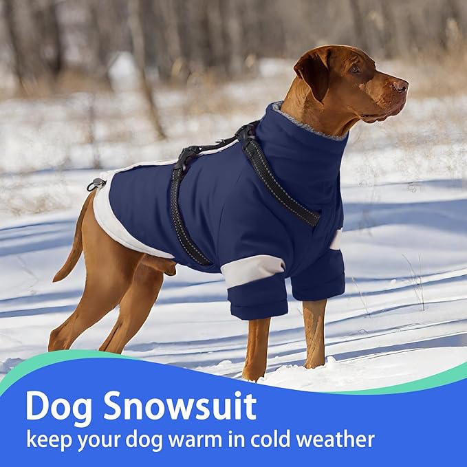 MIGOHI Dog Coat with Harness Built in, 2-in-1 Water-Resistant Dog Jacket, Reflective Snowsuit for Large Dogs, Fleece Lined with Turtleneck, Adjustable Buckle Coats, Border Collies, Navy Blue, XL
