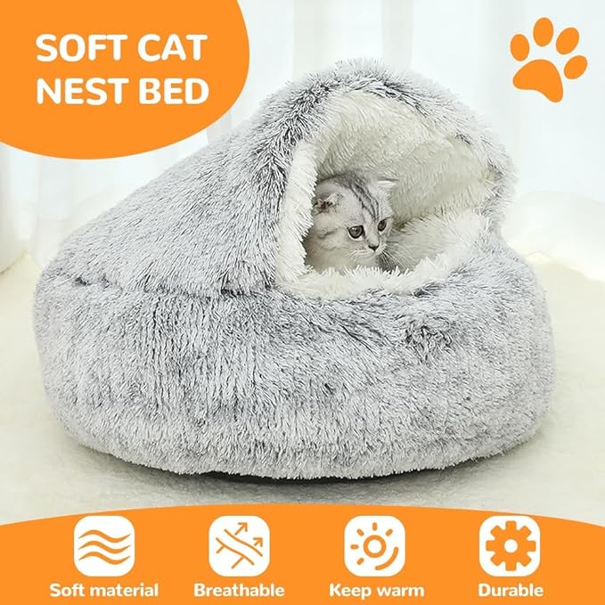 2026 New Plush Cat Nest Bed Cave, Cat Beds for Indoor Cats, Cozy Fluffy Pet Bed, Portable Round Plush Hooded Cats Cave, Washable Soft Puppy Bed for Pet Owners (Green, Small)