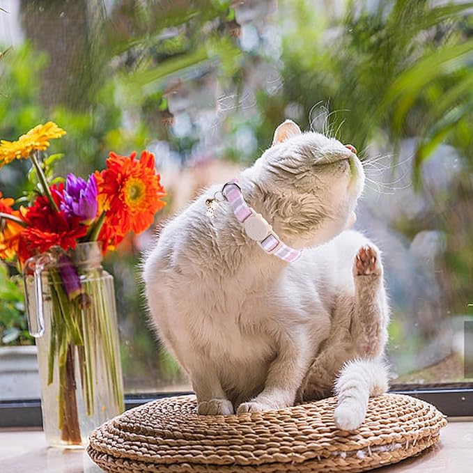 Elegant little tail 2 Pack Cat Collar-Pink Strip Cotton Breakaway Cat Collars with Bell Pendant Kitten Girl Safety Adjustable Collar for Small Cats Puppy