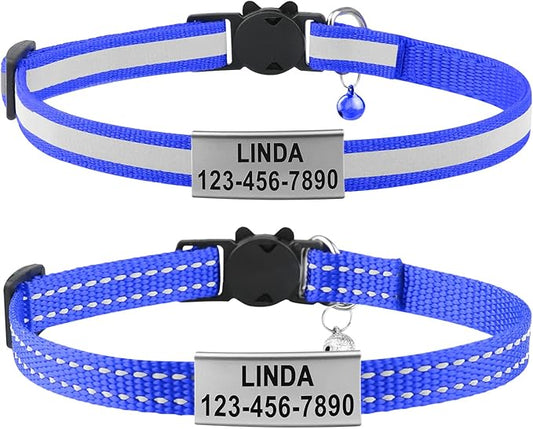 Cat Collar Personalized - Breakaway Reflective Cat Collar with Bell-Custom Cat Collars Engraved with Name and Phone, Adjustable for Cats and Kitten