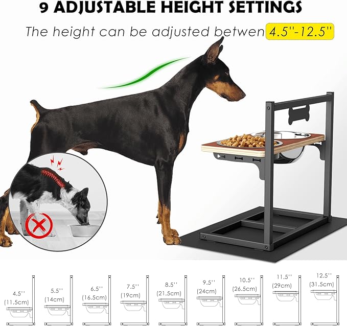 Elevated Dog Bowls with Slow Feeder - 9 Heights Adjustable Raised Dog Bowl Stand with Two 1.7L Stainless Steel Dog Food Bowls & Slow Feeder and a Nonslip Pad, Perfect for Medium Large Breed