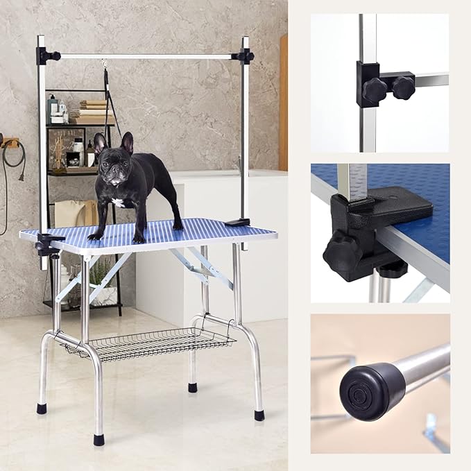 SoarFlash Pet Dog Grooming Table Foldable,Heavy Duty Foldable Pet Grooming Table with Arm & Noose & Mesh Tray, Maximum Capacity Up to 330lbs, 46inch, Blue