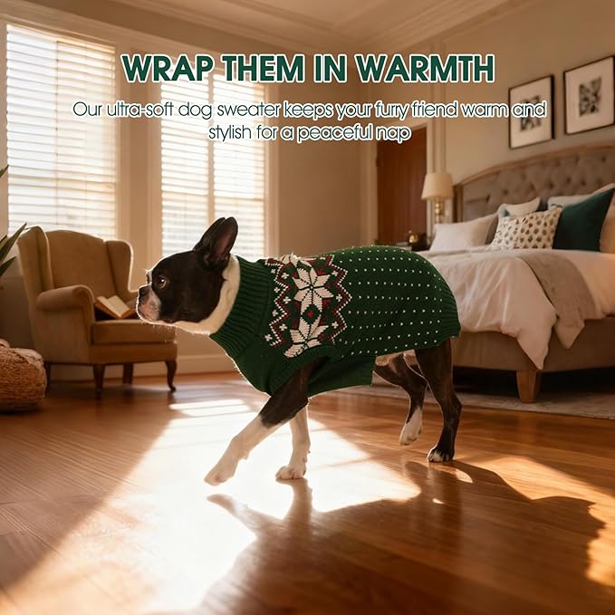 FUAMEY Dog Christamas Sweater, Warm Dog Sweater Classic Snowflake New Year Turtleneck Sweaters Knitwear Cold Weather Dogs Pullover for Small Medium Dogs Puppies & Cats Bulldogs Corgi with Leash Hole