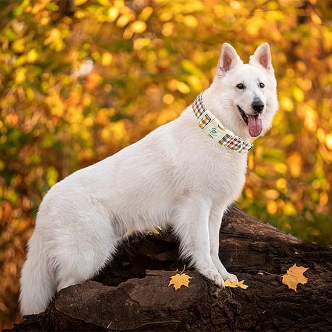 Elegant little tail Fall Dog Collar, Plaid Puppy Collars Fall Yellow Male Cute Puppy Adjustable Cotton Pet Collar with Quick Release Buckle for Small Medium Large Dogs