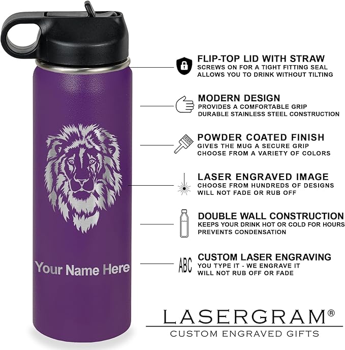 LaserGram Personalized Water Bottle, Dragon, Stainless Steel Double Wall Vacuum Insulated with Flip Top Straw, Custom Engraved Gift (20oz / 590ml Dark Purple)