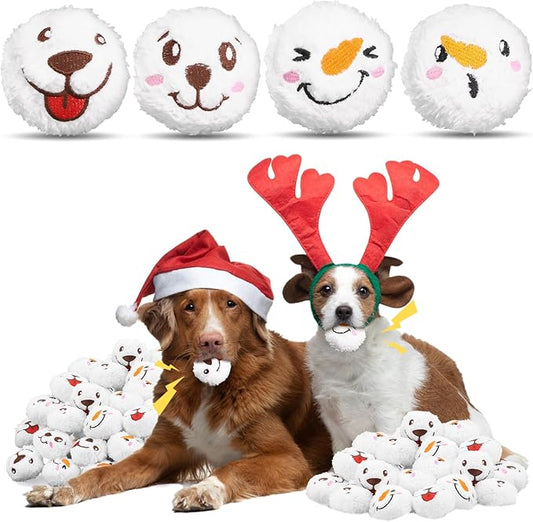 32 Pcs Christmas Dog Toys Squeaky Plush Balls, Soft Puppy Snowball with Dog & Snowman Smile, Christmas Pet Squeaker Fluffy Ball for Interactive Small & Medium Dogs, Xmas Toys Party Decorations