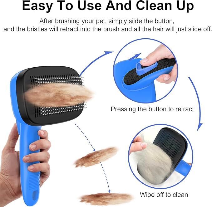Self Cleaning Slicker Brush for Dogs& Cats - Skin Friendly Shedding & Hair Removal for Long and Short Haired Dogs and Cats, Grooming Tool of Pets, Blue