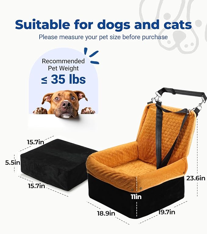 Dog Car Seat for Small Medium Dogs, Travel Pet Car Bed with Removable Waterproof Cover, Memory Foam Dog Booster Seats Up to 35 lbs, Safety Belt and Storage Pocket(Brown)