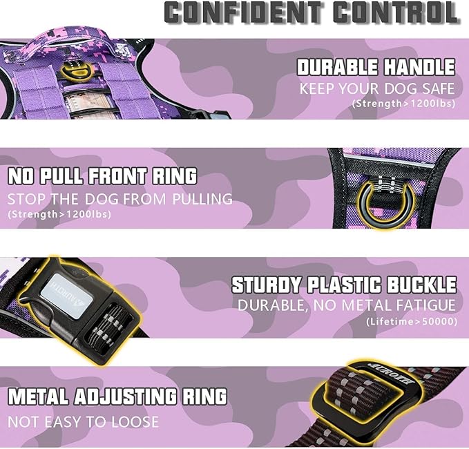 Auroth Tactical Dog Harness for Small Medium Large Dogs No Pull Adjustable Pet Harness Reflective K9 Working Training Easy Control Pet Vest Military Service Dog Harnesses (M, Purple Camo)