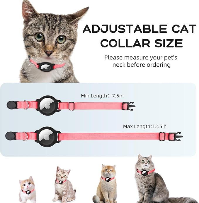 AirTag Cat Collars, Stretchy Collar with Apple AirTag Holder and Bell, Breakaway Ultra Design Elastic GPS Tracking Collars for Cats and Puppies, (7.5-12.5 Inch), Hot Pink