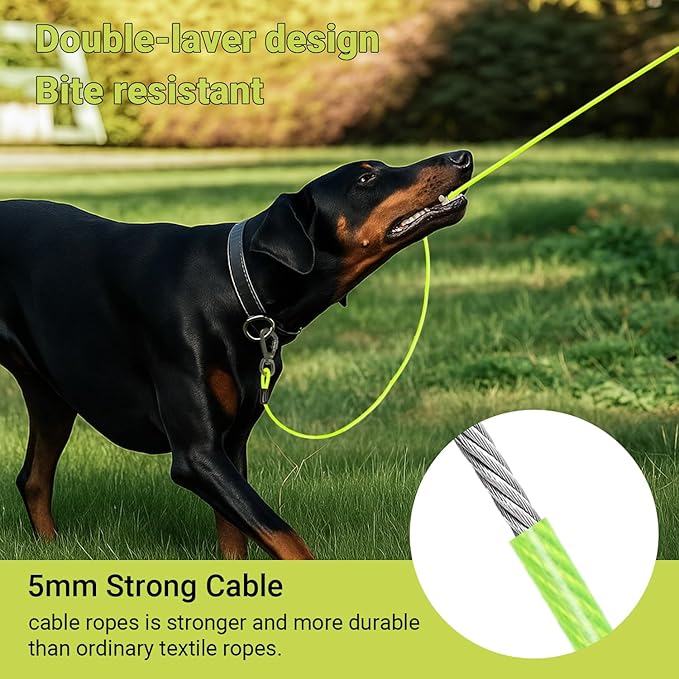 Heavy-Duty Dog Tie-Out Cable Runner System for Yard & Camping, 50/100/120ft with 10/15ft Pulley Line, Supports Dogs Up to 250lbs (Green, 50FT)