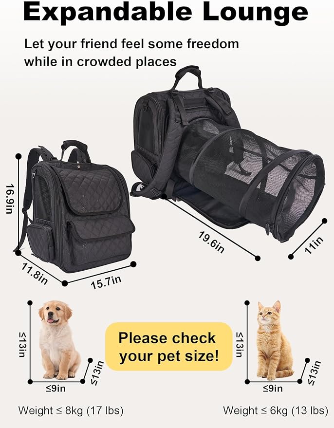 Dog Travel Backpack with Expandable Tunnel for Cats and Dogs up to 17lbs, Secure Carrier with Safety Leash, Soft Cushion, Comfortable Shoulder Straps, Black