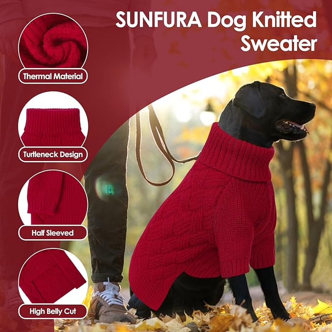 SUNFURA Dog Sweater, Christmas Sweaters for Large Dogs, Solid Color Dog Pullover for Fall Winter, Warm Sweatshirt Knit Turtleneck for Corgi, French Bulldog, Red L