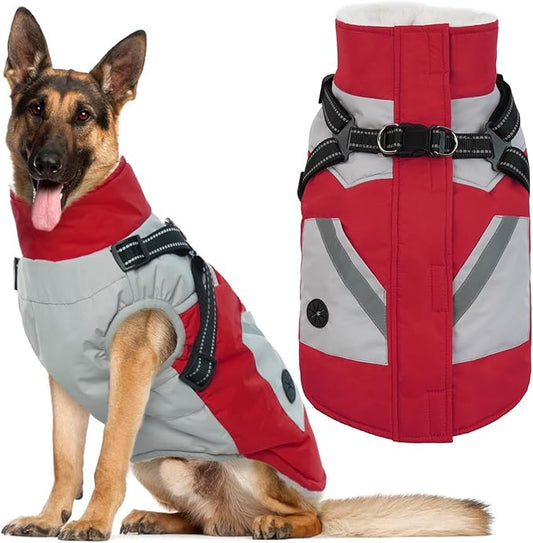 IECOii Dog Jacket Winter Harness Built in -Red,XXXLarge- Zip Up Dog Coat Winter Clothes for Large Dogs Waterproof, Dogs Snowsuit Snow Jacket D-Rring Labrador German Shepherd Doberman Rottweiler