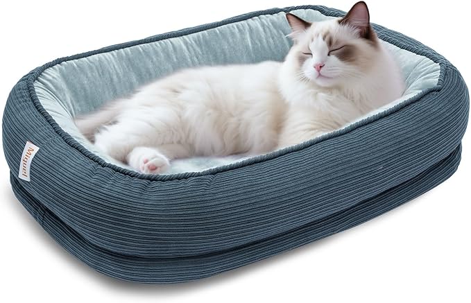 Miguel Orthopedic Cat Beds for Indoor Cats, Egg-Crate Memory Foam Pet Sofa with Bolster Sides, Oval Crate Bed, Washable Removable Cover & Non-Slip Bottom, Haze Blue